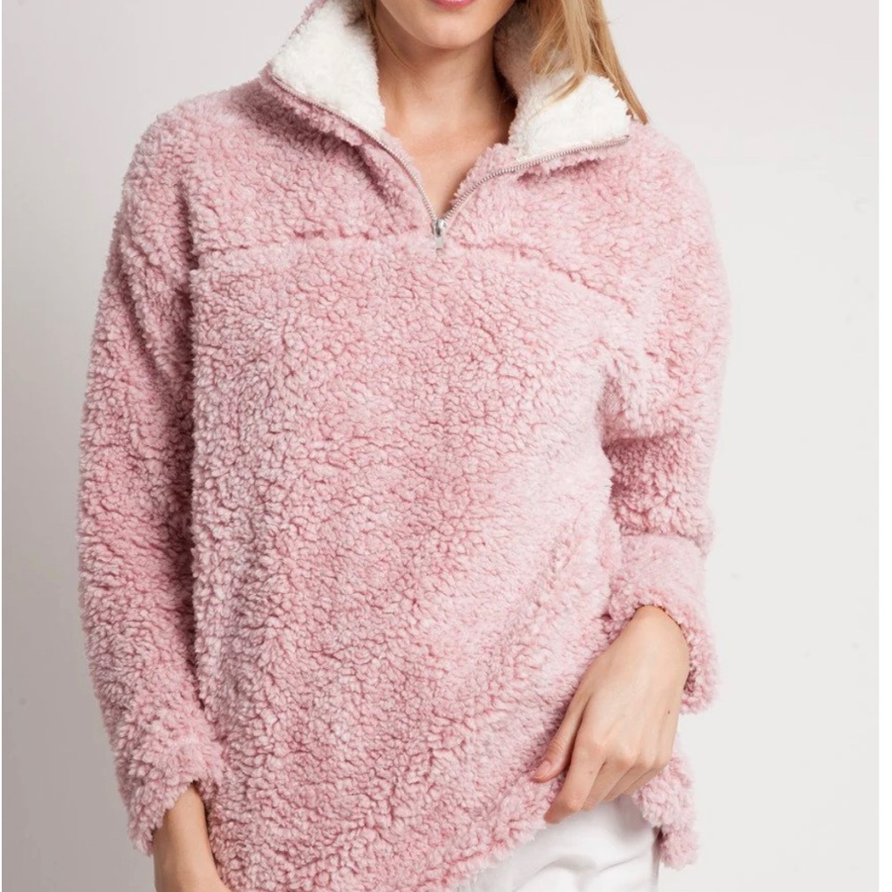 PEACH LOVE CALIFORNIA Women's Sweater Blush Pink White Pullover Zipper L/S Large